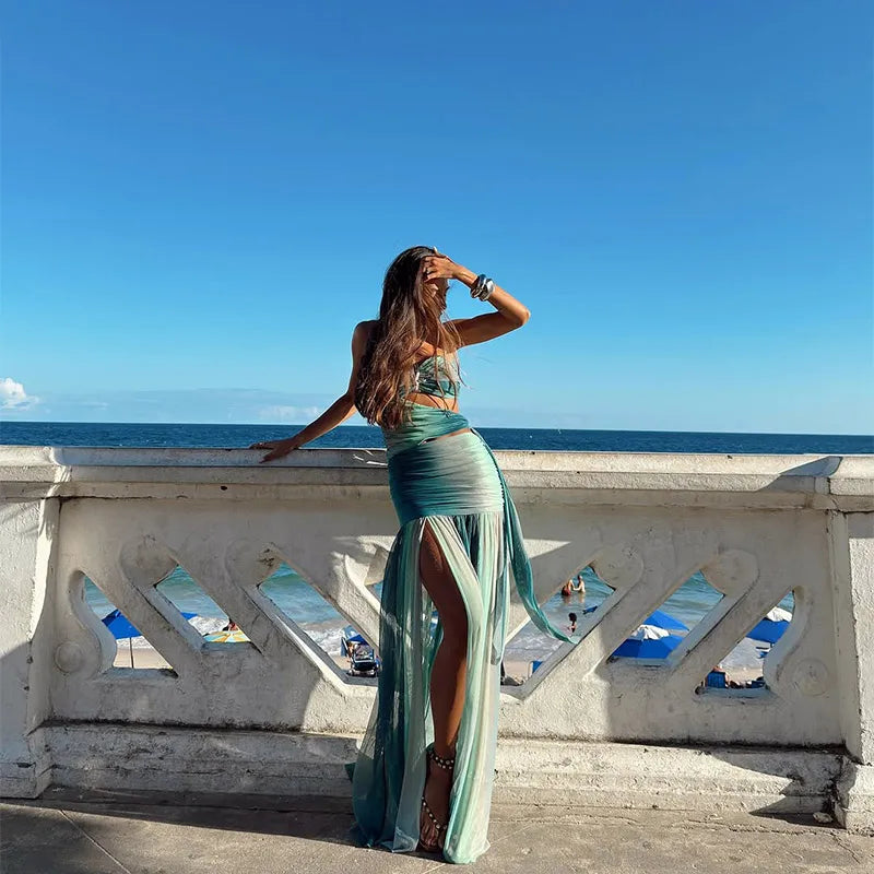 Strapless Starfish Brooch Side Cutout Ruched High Slit Maxi Dress 7