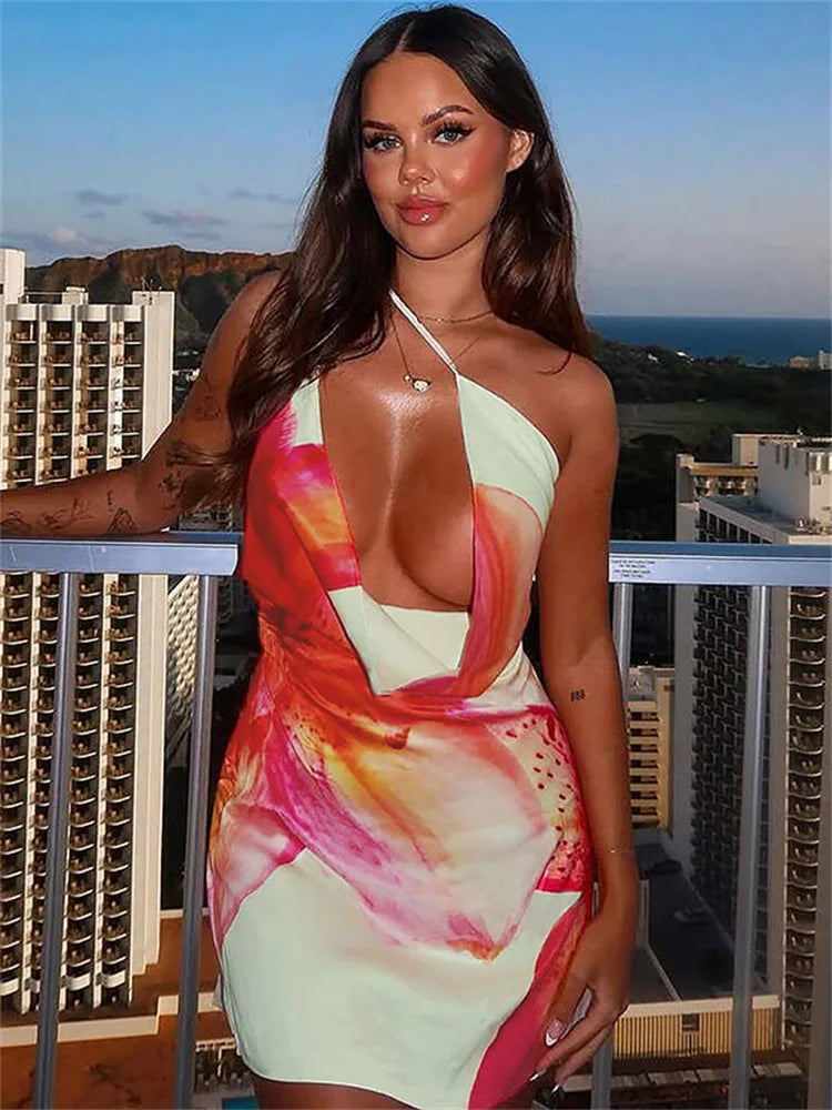 One Shoulder Floral Print Cut Out Cowl Neck Satin Bodycon Mini Dress 2