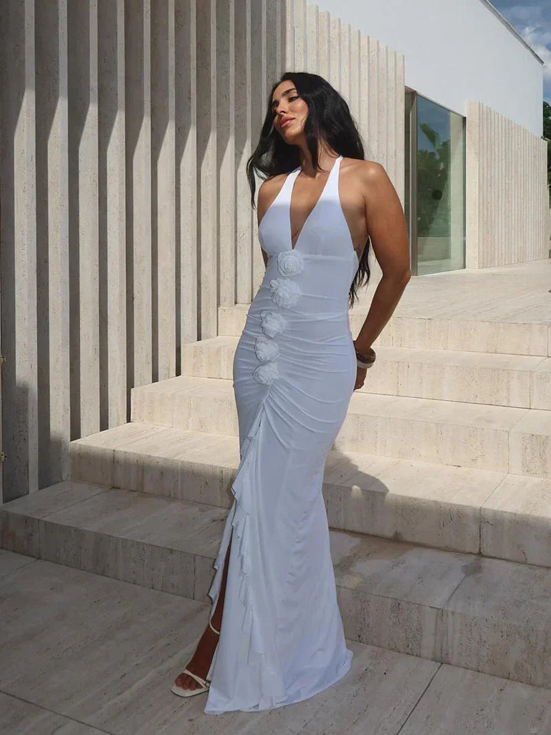 Halter Deep V Rosette Ruched Ruffle Slit Maxi Gown 12