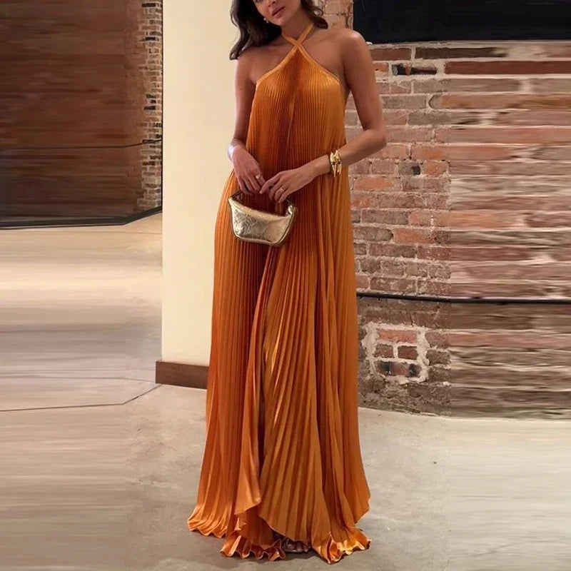Halter Neck Accordion Pleated Satin Flowy Maxi Dress 2