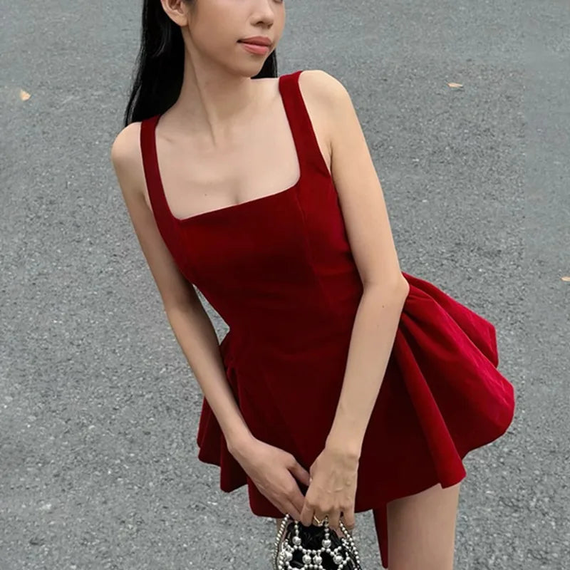 Spaghetti Strap Open Back Oversized Bow Flared Mini Dress 7