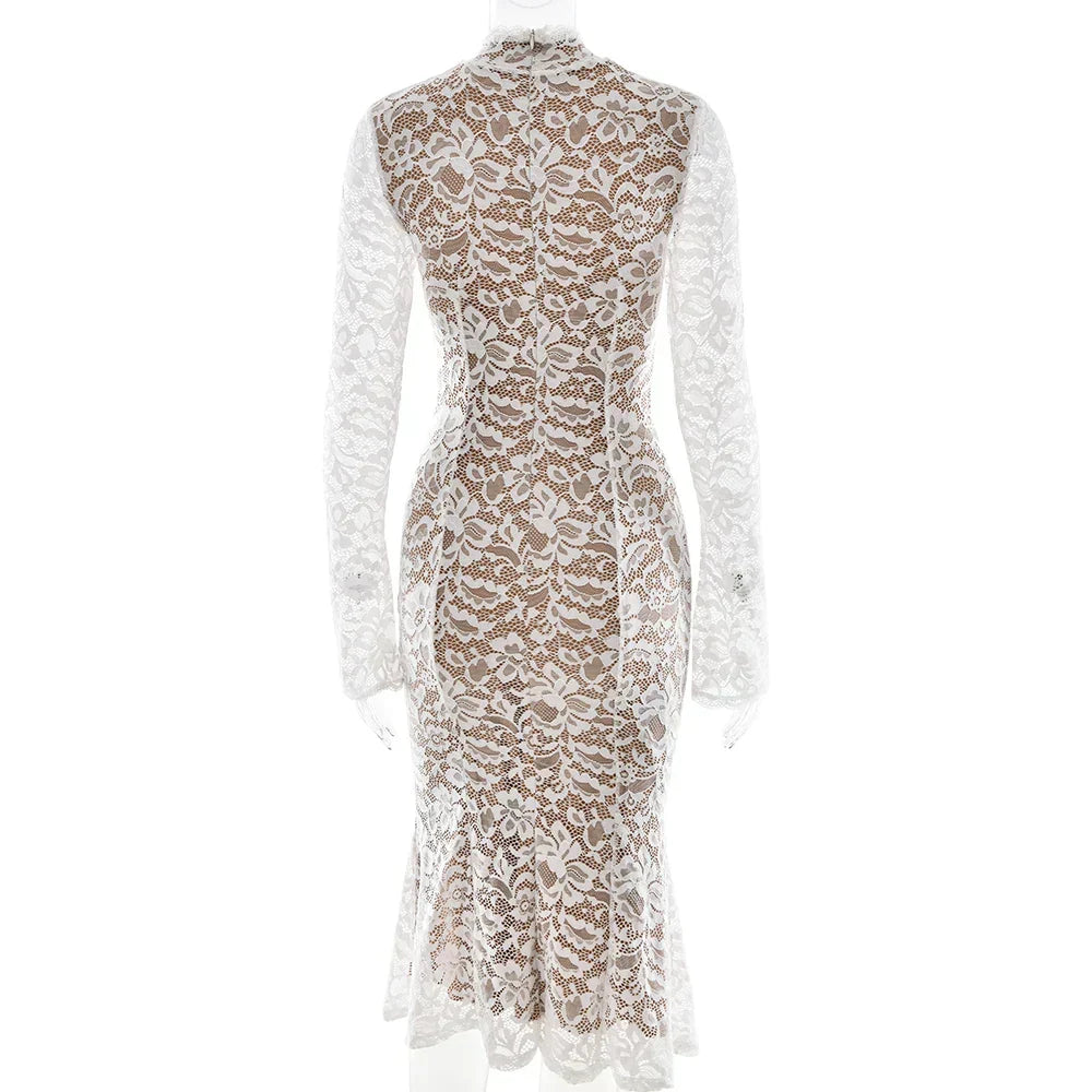Floral Lace Mock Neck Long Sleeve Trumpet Hem Midi Dress 8