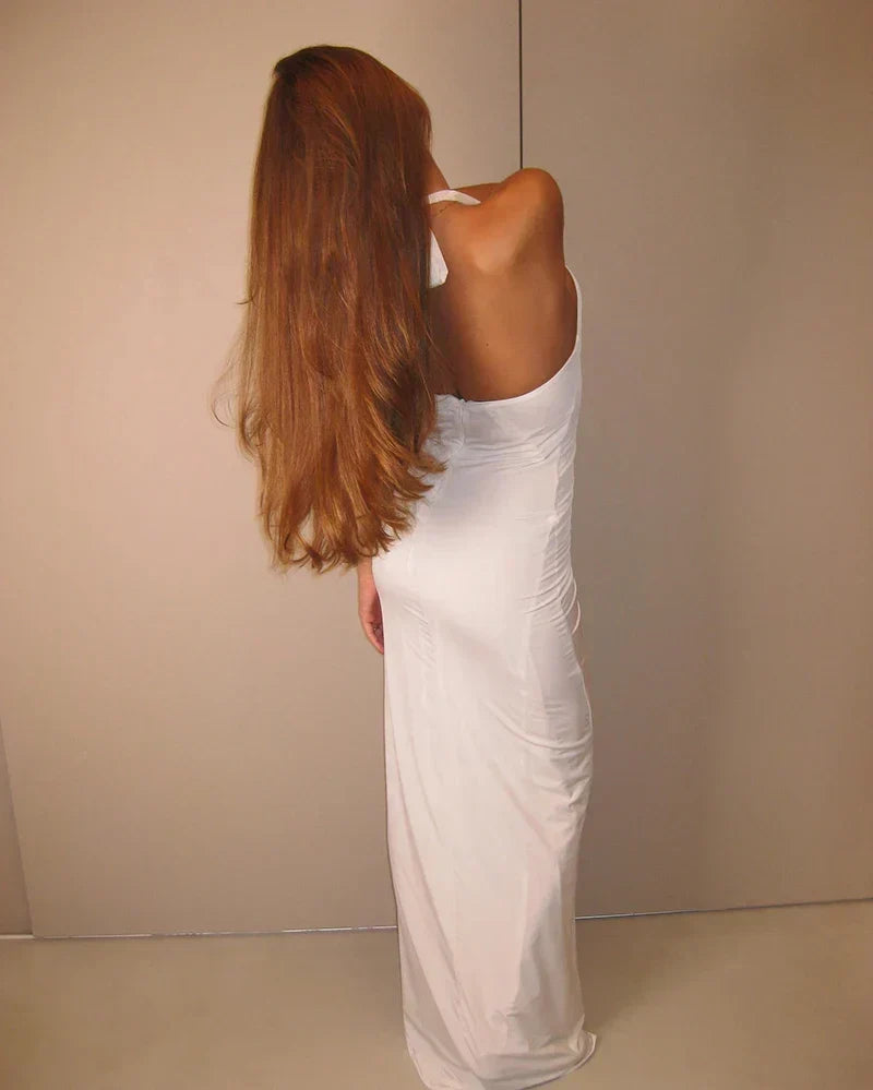 Halter Deep V Rosette Ruched Ruffle Slit Maxi Gown 20