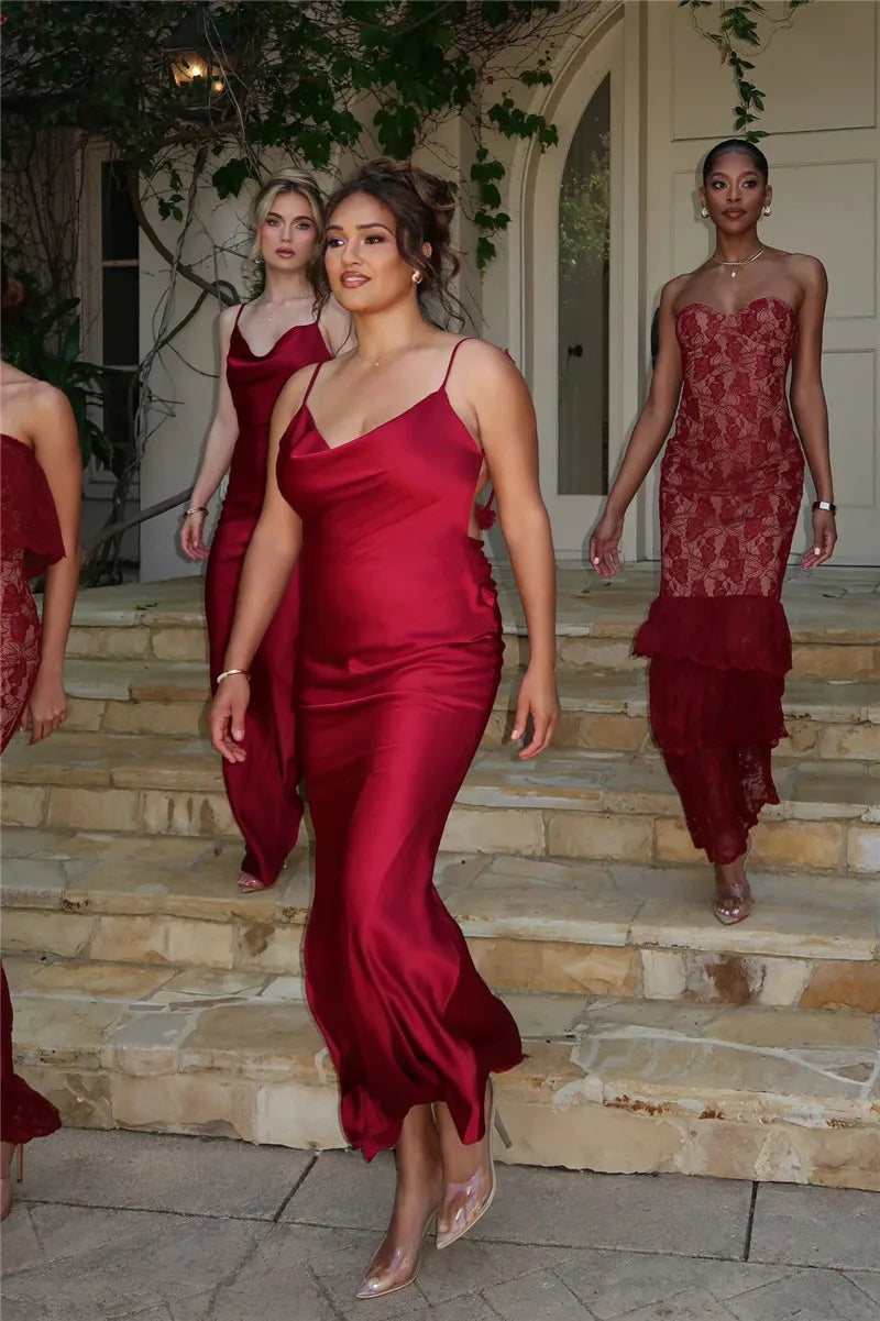 Spaghetti Strap Floral Applique Cowl Back Satin Maxi Dress 33