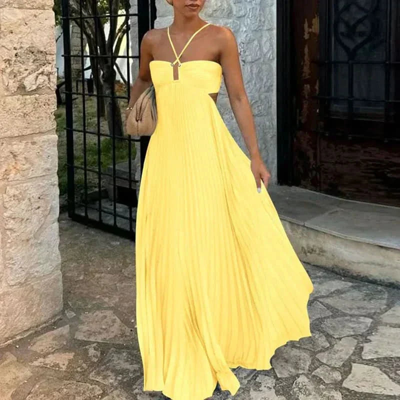 Halter Criss Cross Cutout Waist Sunray Pleat Maxi Dress 2