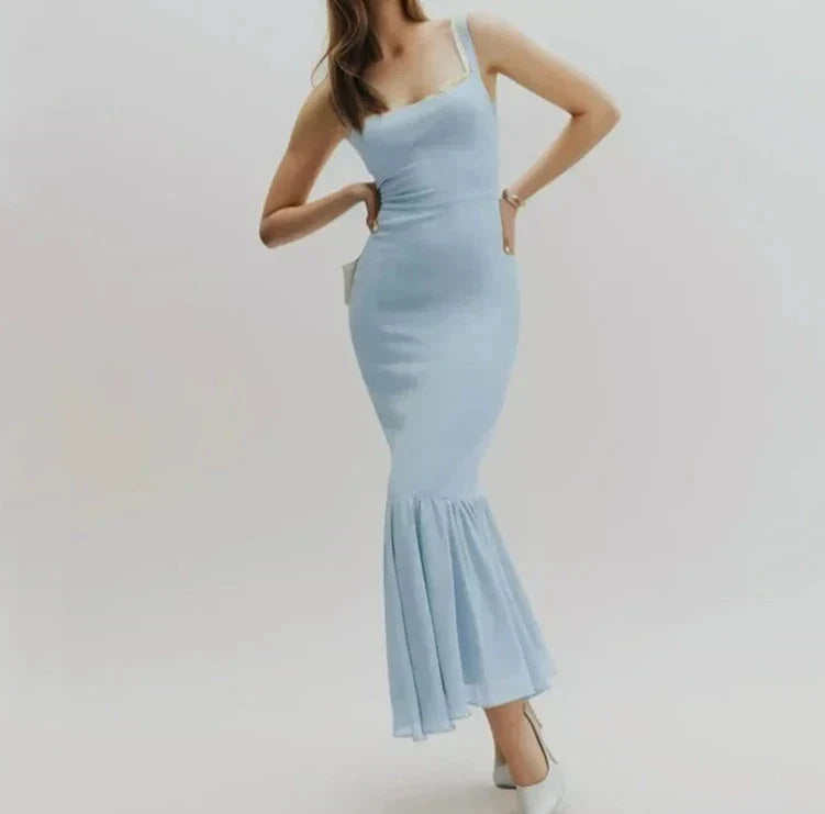 Square Neck Sleeveless Mermaid Ruffle Fluted Hem Maxi Dress 8