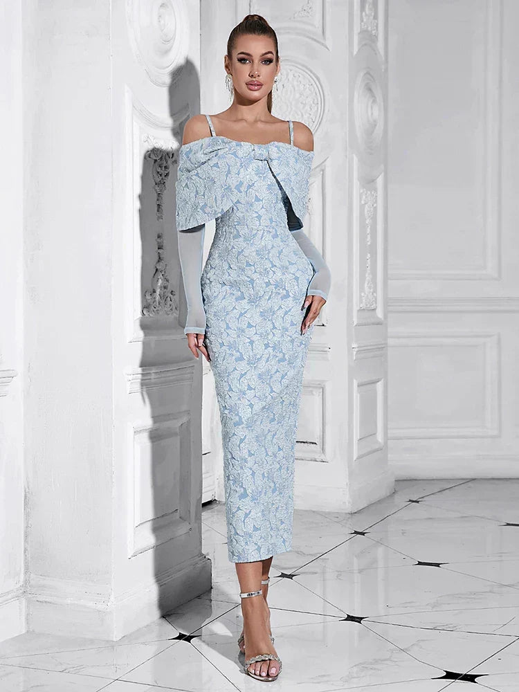 Spaghetti Strap Draped Bow Overlay Floral Lace Mesh Sleeve Midi Dress