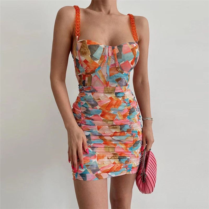 Bustier Corset Abstract Print Chain Strap Ruched Mini Dress