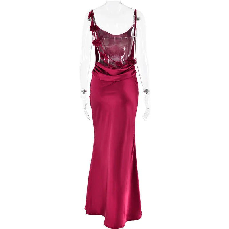Spaghetti Strap Floral Applique Cowl Back Satin Maxi Dress 35