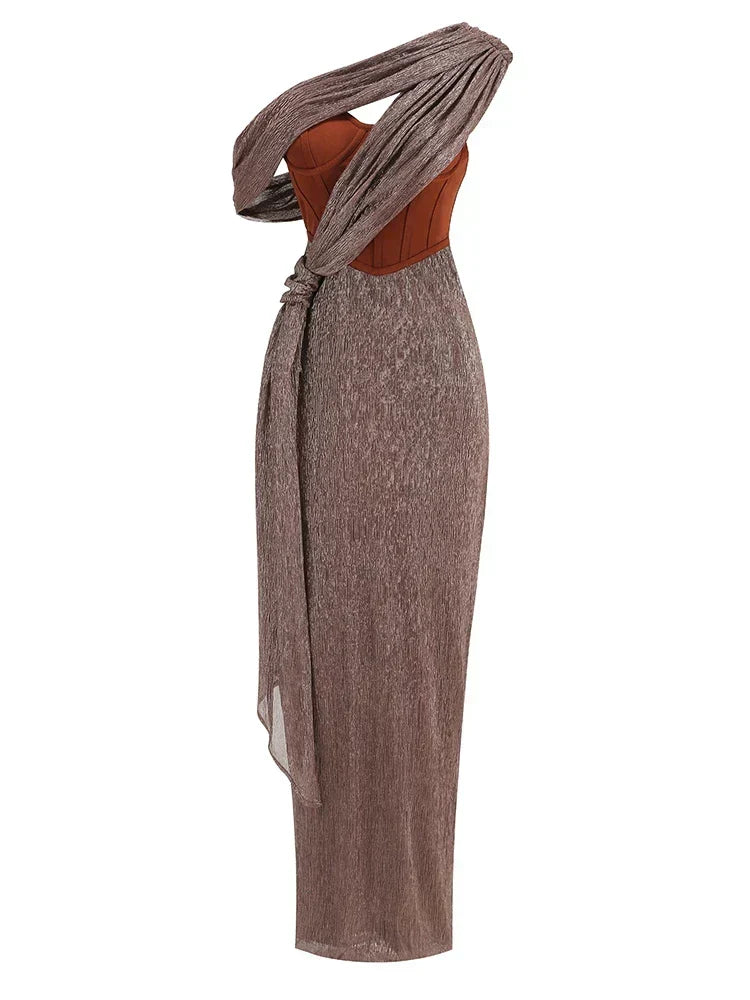 One Shoulder Draped Glitter Corset Maxi Gown 9