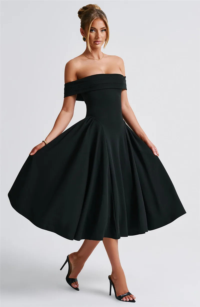 Off-Shoulder Folded Band Box Pleat Flare Midi Dress 18