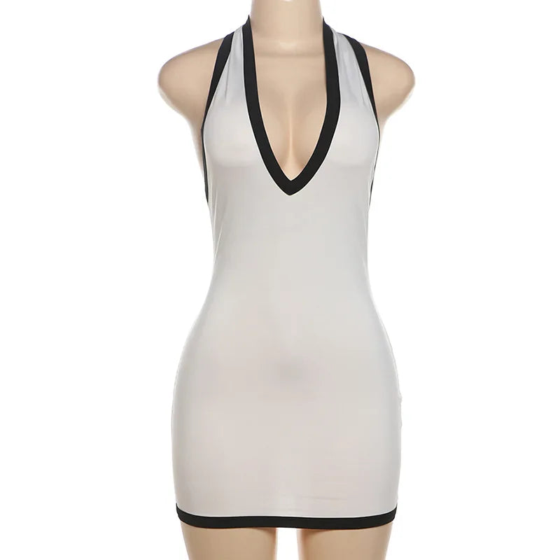Deep V Halter Neck Contrast Trim Binding Bodycon Mini Dress 14