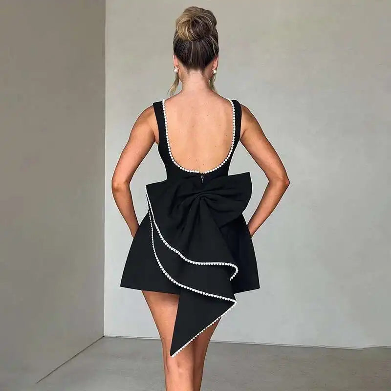 Pearl Trim Neckline Princess Seam Oversized Bow Back Fit and Flare Mini Dress 5