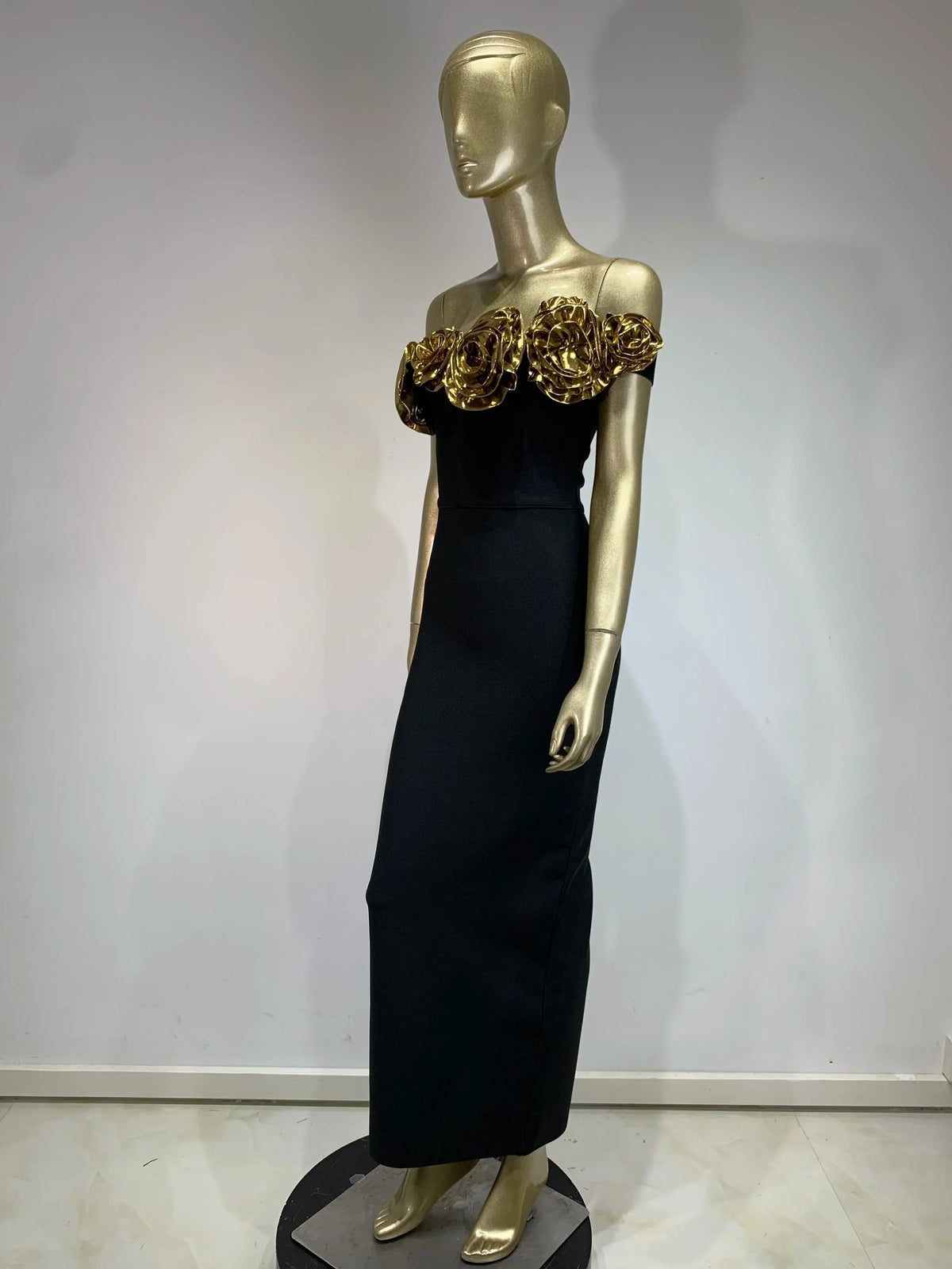 Strapless Metallic Ruffle Neckline Bodycon Midi Dress with Opera Gloves 8