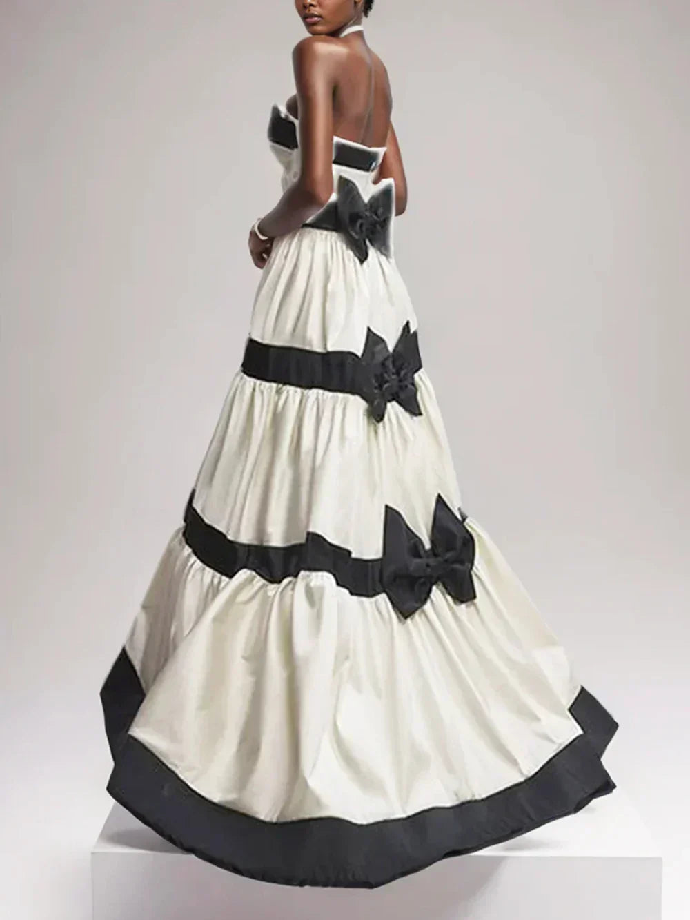 Strapless V Notch Neckline Tiered Horizontal Banded Full Skirt Gown 2