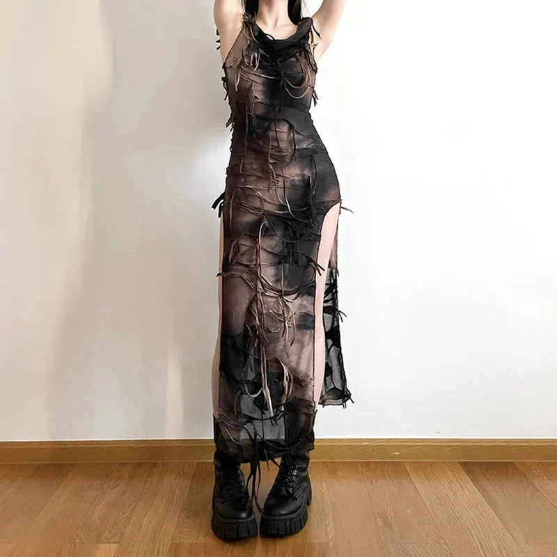 Tie Dye Distressed Fringe High Split Bodycon Midi Dress 4
