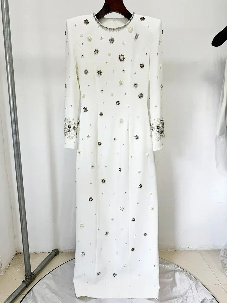 Crystal Floral Embellished Structured Shoulder Long Sleeve Column Maxi Dress 9