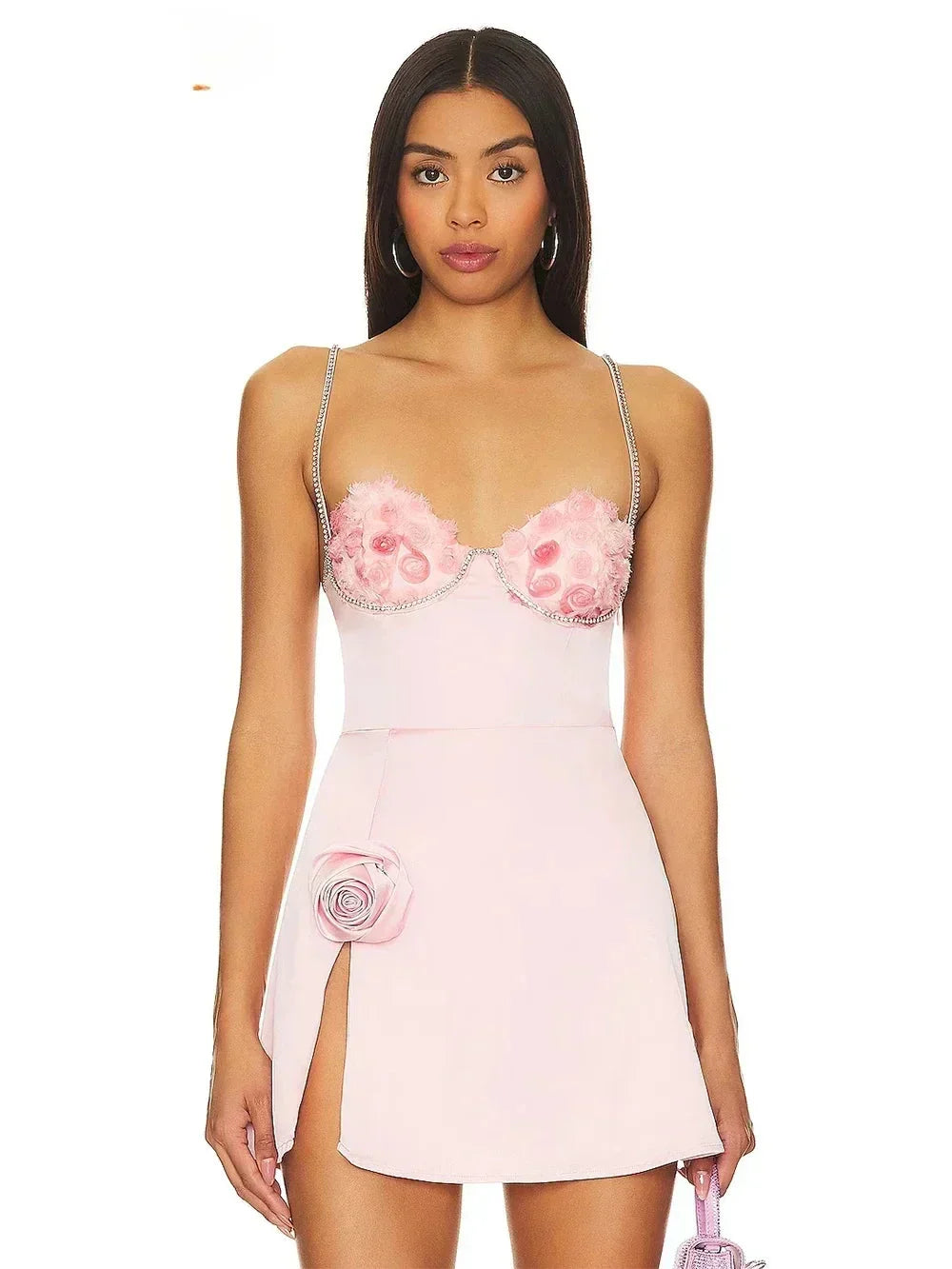 3D Floral Applique Rhinestone Strap Side Slit Mini Dress