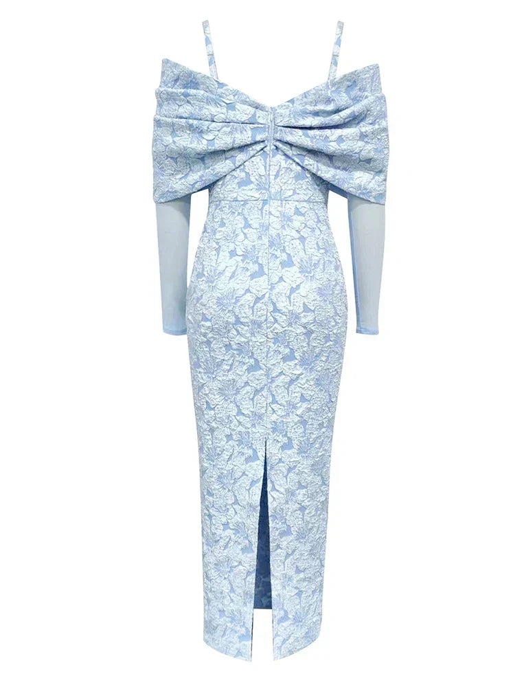 Spaghetti Strap Draped Bow Overlay Floral Lace Mesh Sleeve Midi Dress 9