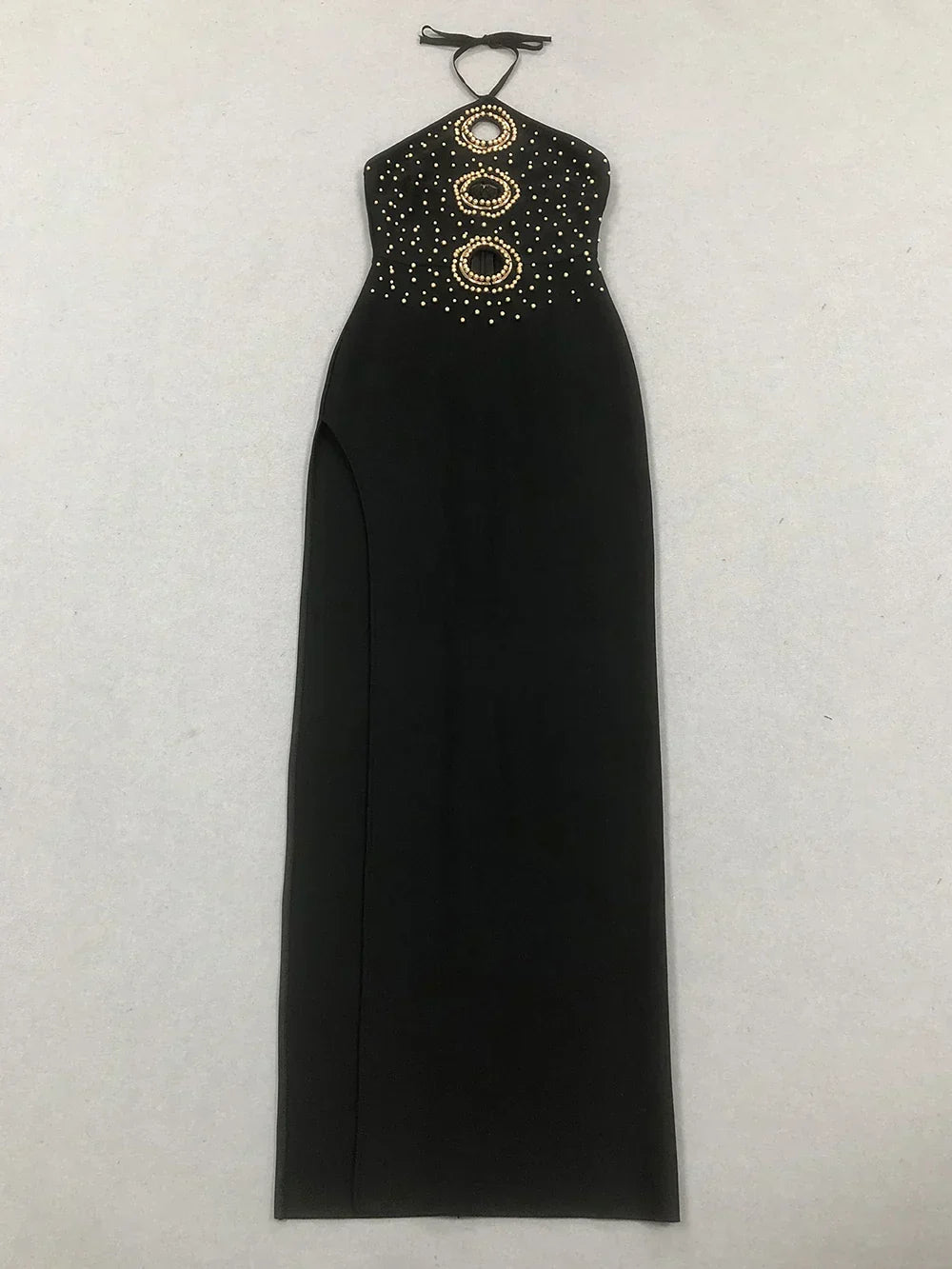 Halter Ring Cut Out Studded Thigh Slit Backless Maxi Gown 11
