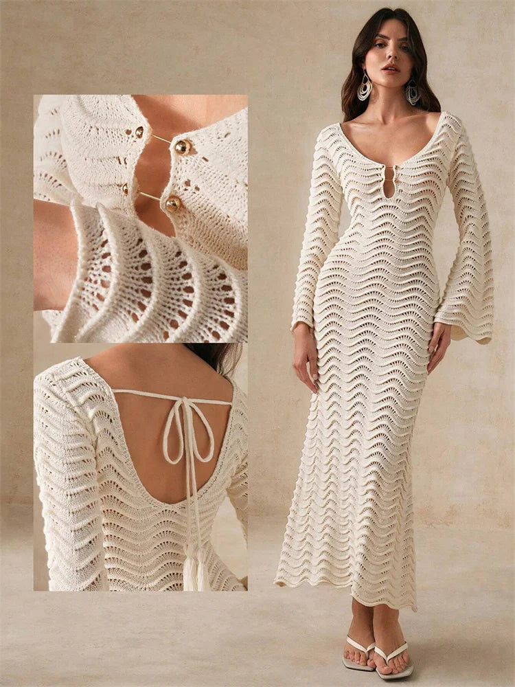 Hollow Out Knit Lace-Up Patchwork Midi Dress 15