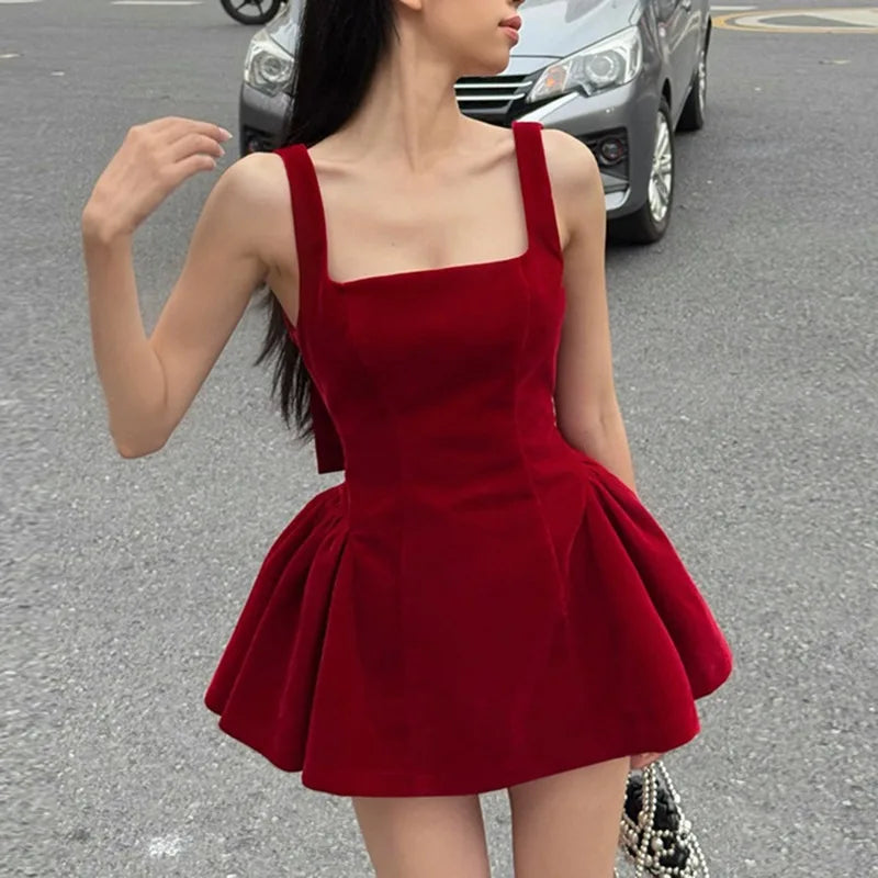 Spaghetti Strap Open Back Oversized Bow Flared Mini Dress 5