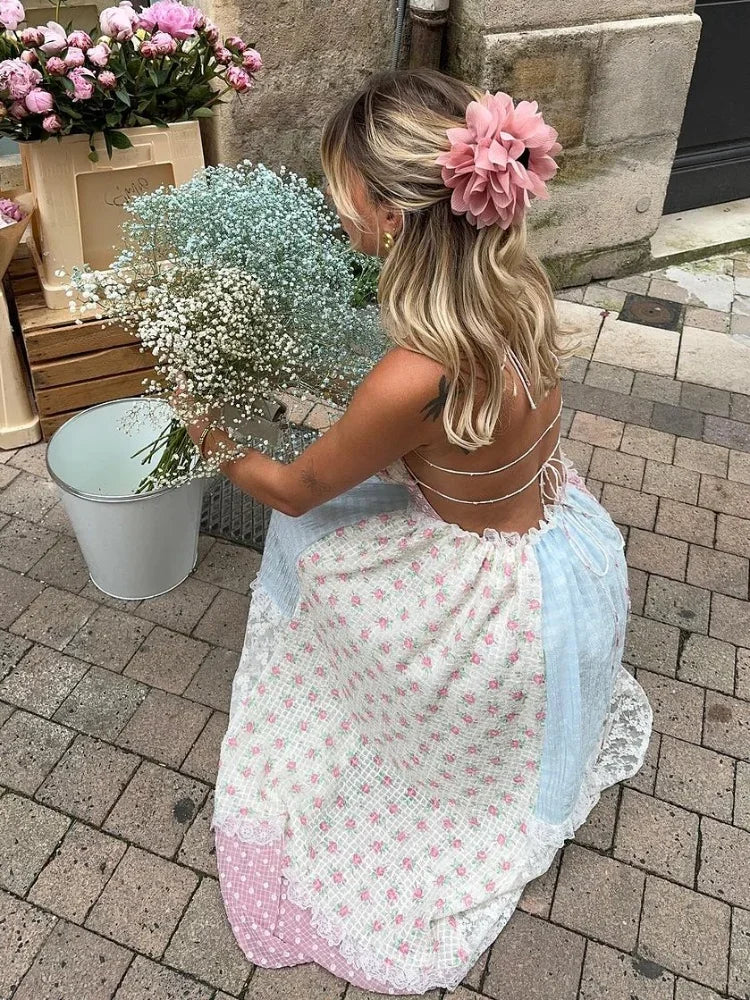 Halter Patchwork Floral Lace Panel Ribbon Tie Tiered Maxi Gown 2