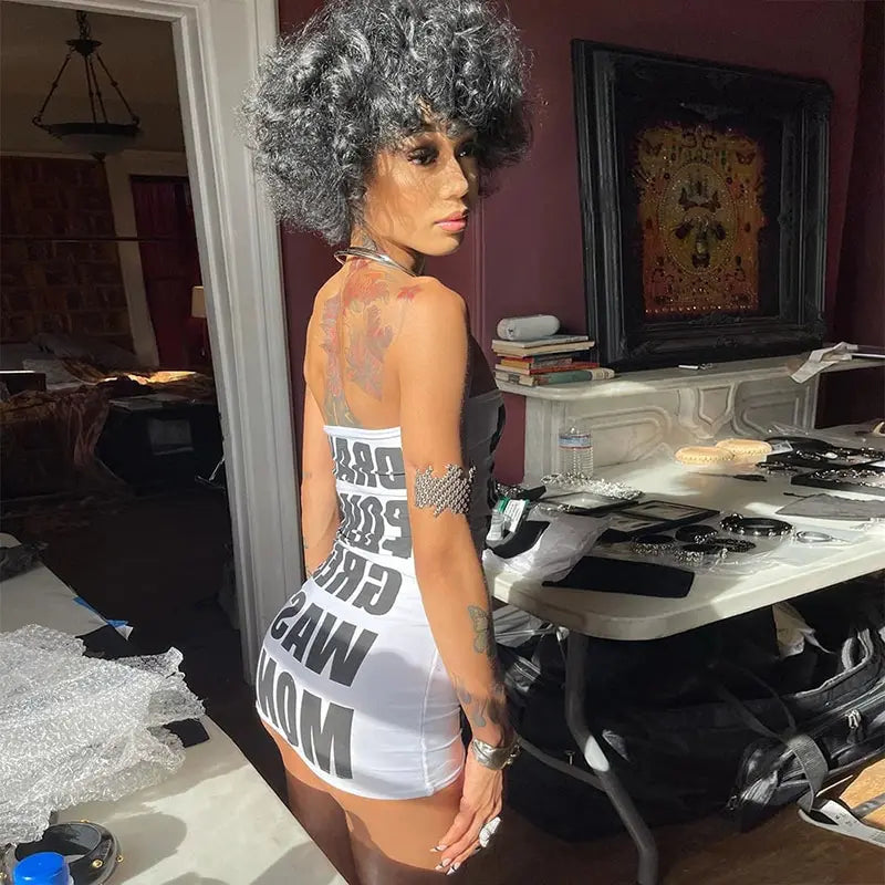 Graphic Text Print Strapless Bodycon Mini Dress 3