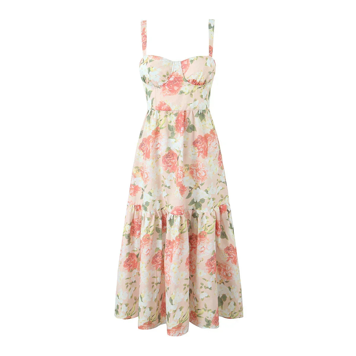 Sweetheart Bustier Wide Strap Floral Drop Waist Ruffle Midi Dress 3