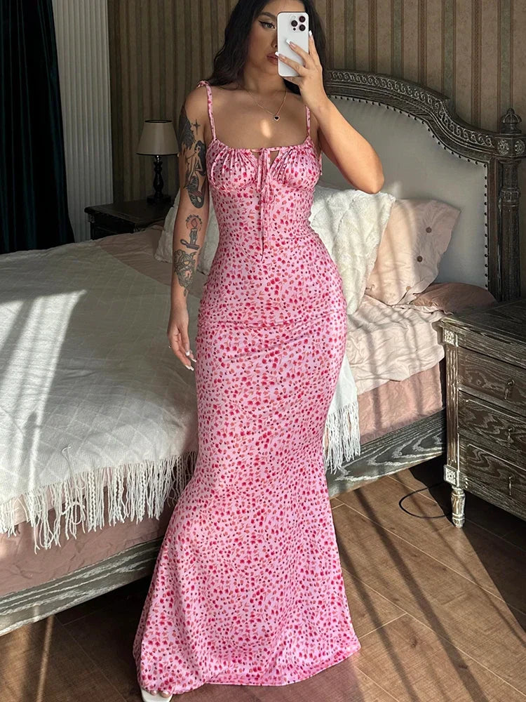 Floral Print Spaghetti Strap Sweetheart Lace Up Backless Maxi Dress 6