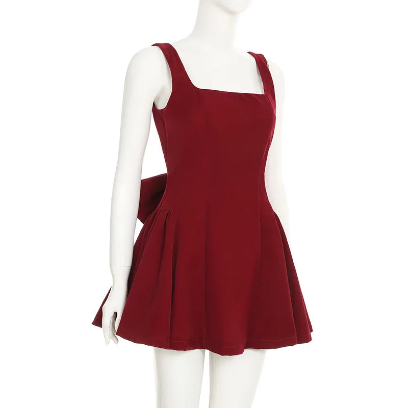 Spaghetti Strap Open Back Oversized Bow Flared Mini Dress 9