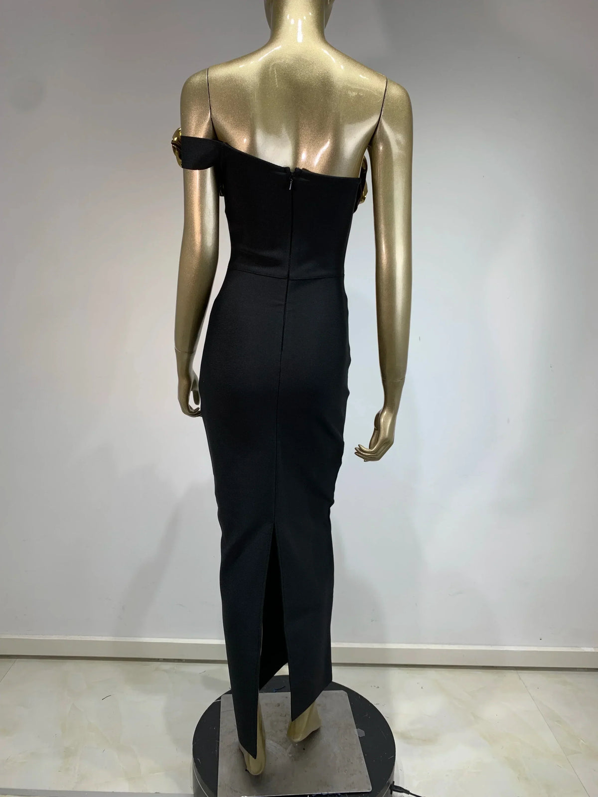 Strapless Metallic Ruffle Neckline Bodycon Midi Dress with Opera Gloves 9