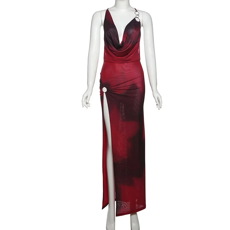 Plunging Halter Ring Detail Side Cutout High Slit Maxi Dress 8