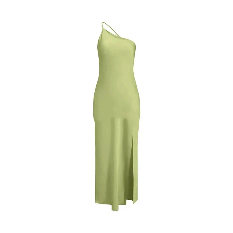 Asymmetric Strap Backless Slit Satin Maxi Dress 21