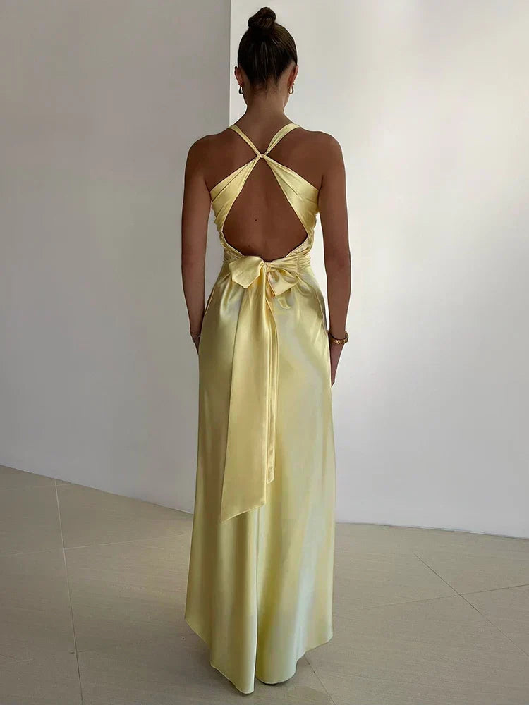 V-Neck Twist Front Bow Back Satin Maxi Dress 3