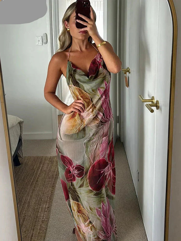 Floral Print Cowl Neck Halter Spaghetti Strap Maxi Dress 6