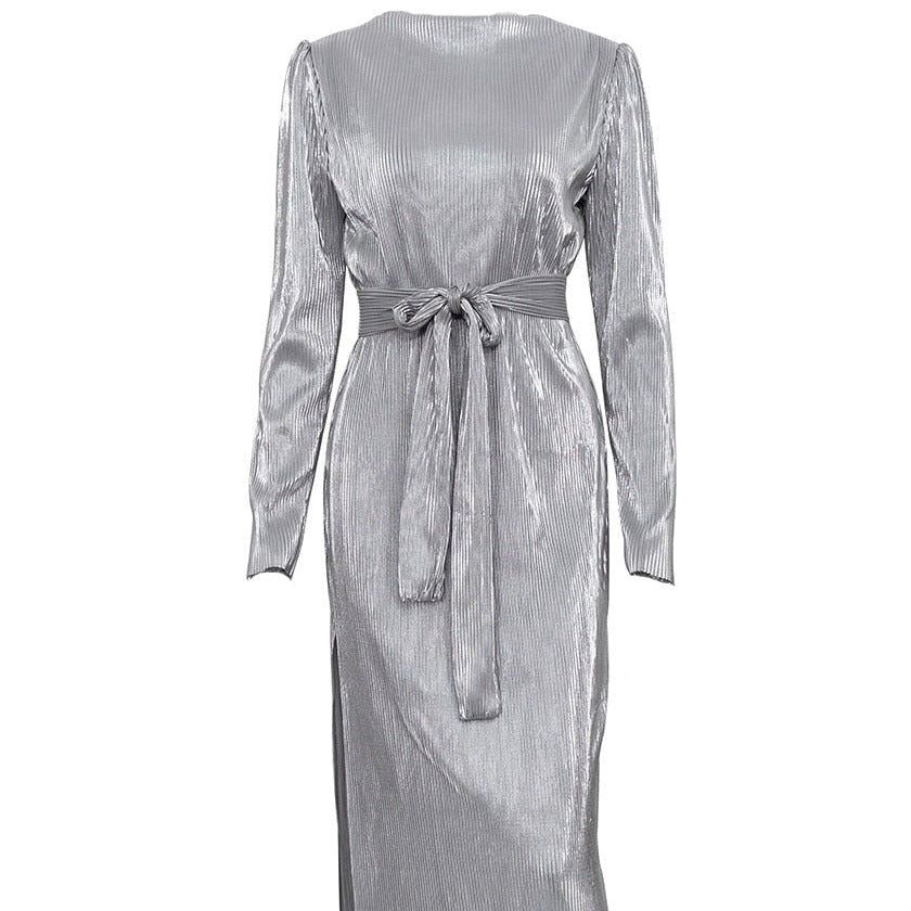 Metallic Ribbed Pleated Long Sleeve Tie Waist Side Slit Midi Dress 3