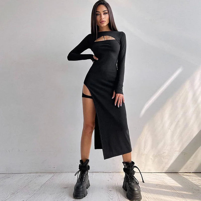 Ribbed Knit Chest Cutout Side Slit Hip Strap Detail Midi Dress 3