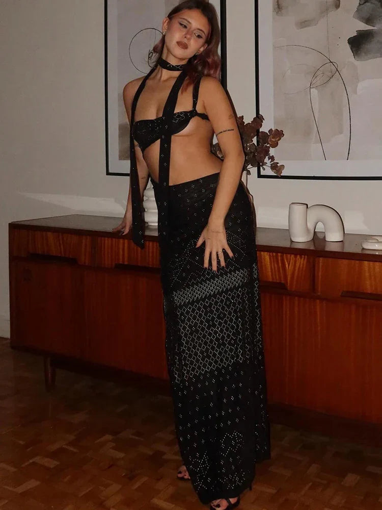 Rhinestone Studded Geometric Halter Neck Side Cut Out Maxi Dress 5