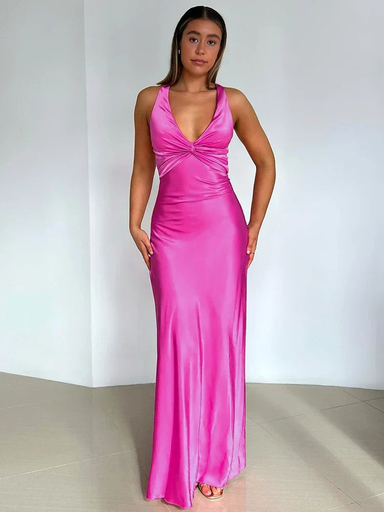 V-Neck Twist Front Bow Back Satin Maxi Dress 4