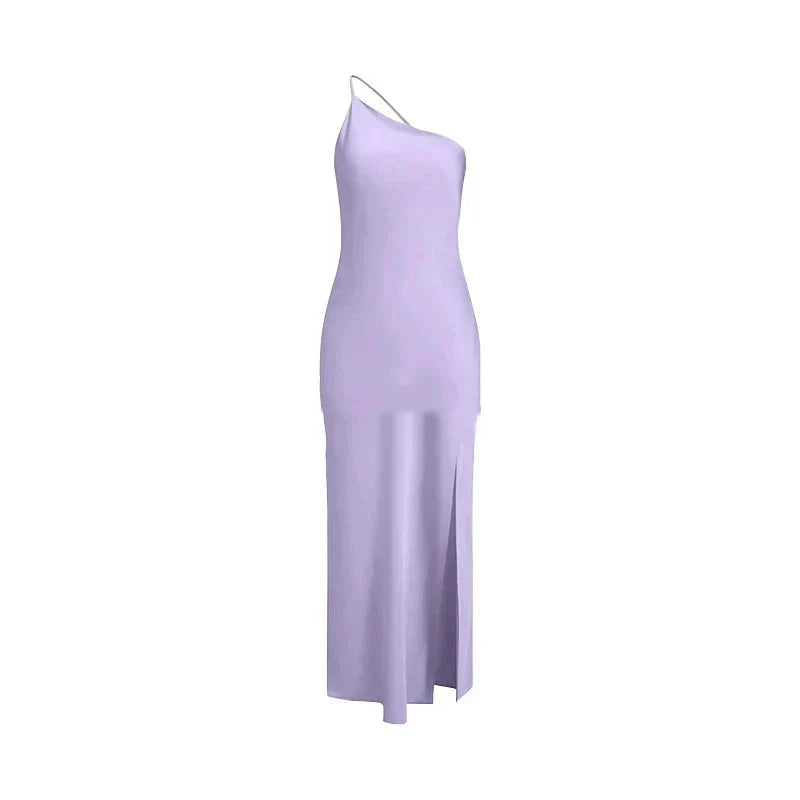Asymmetric Strap Backless Slit Satin Maxi Dress 22