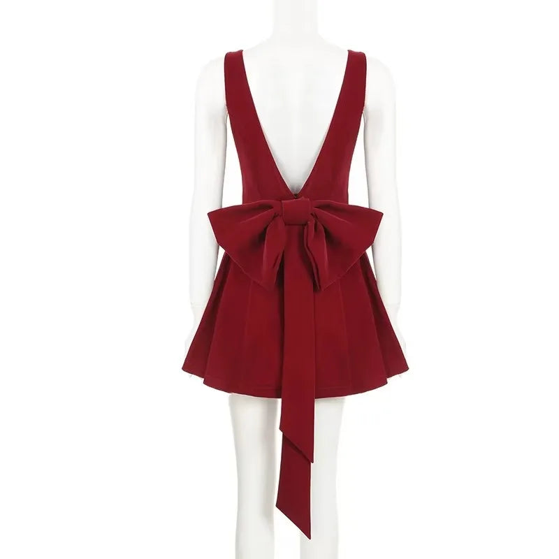 Spaghetti Strap Open Back Oversized Bow Flared Mini Dress 10