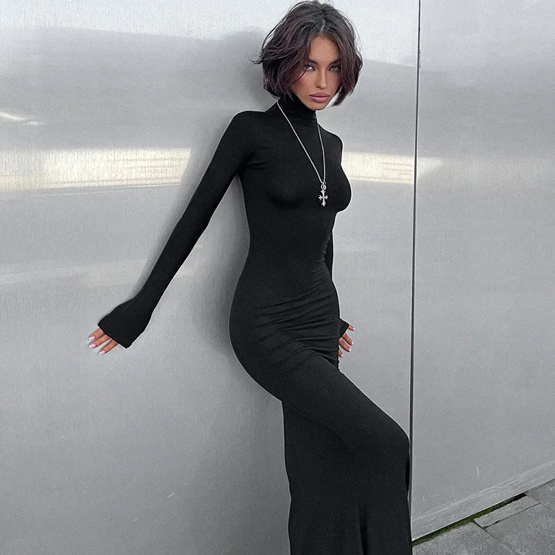 Ribbed Knit Mock Neck Long Sleeve Bodycon Maxi Dress 2