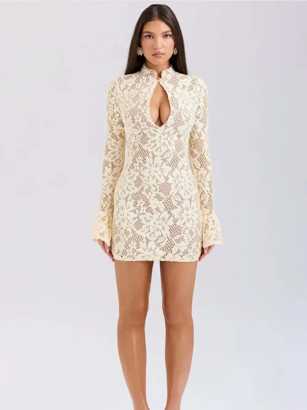 Mock Neck Keyhole Cutout Floral Lace Long Sleeve Bodycon Mini Dress 7