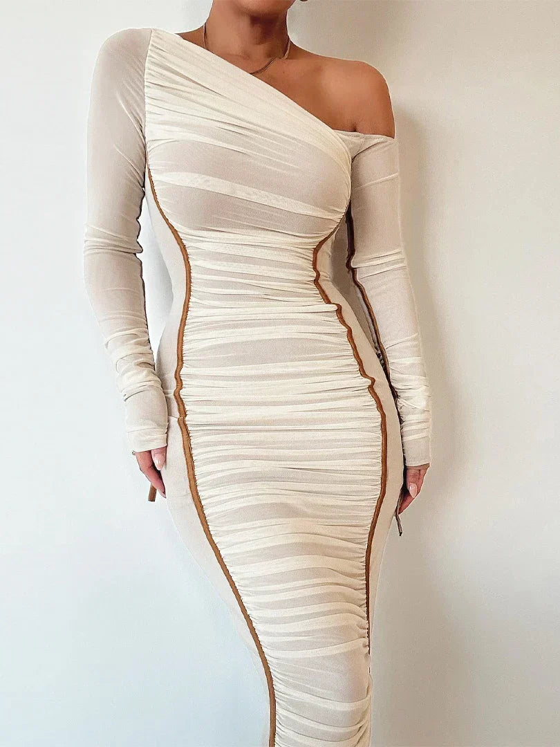 One Shoulder Ruched Mesh Contrast Piping Maxi Dress 6