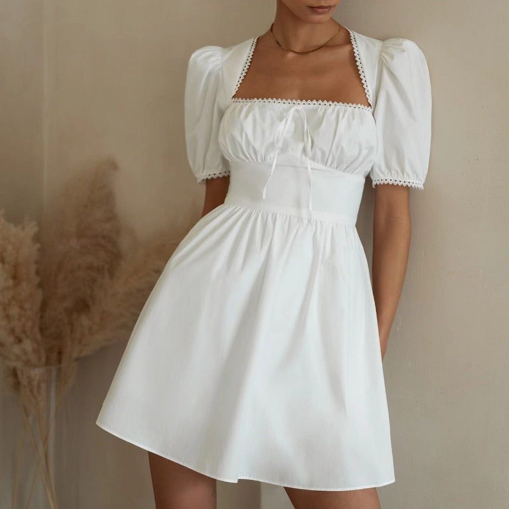 Lace Trim Square Neck Bubble Sleeve Tie Front Cotton Mini Dress