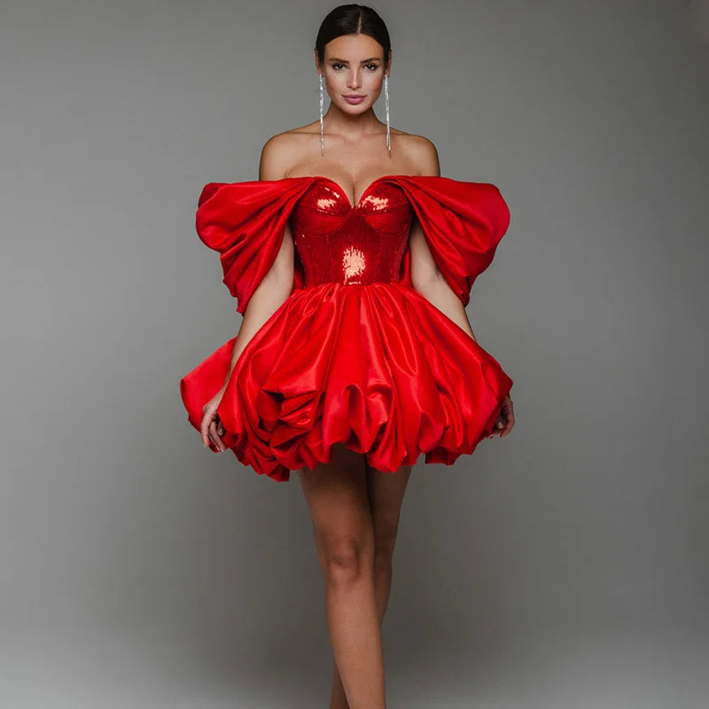 Sequin Corset Bodice Off-Shoulder Puff Sleeve Bubble Skirt Mini Dress