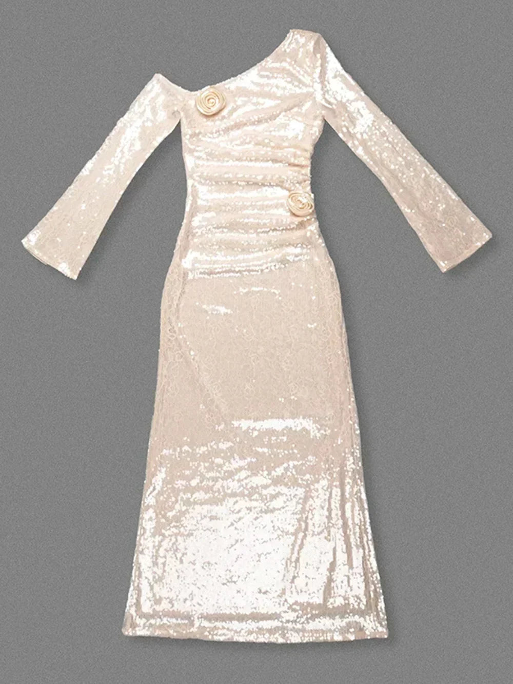 Sequin One-Shoulder Rosette Applique Long Sleeve Column Maxi Gown 8