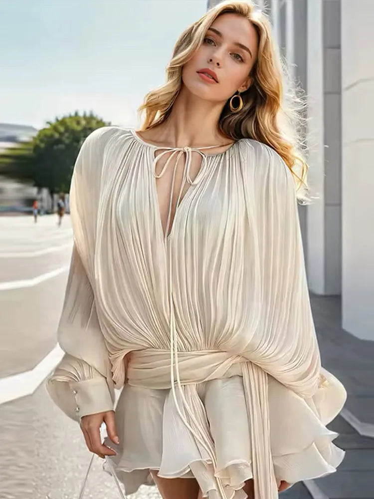 Keyhole Tie Neck Pleated Bishop Sleeve Tiered Ruffle Skirt Set 2