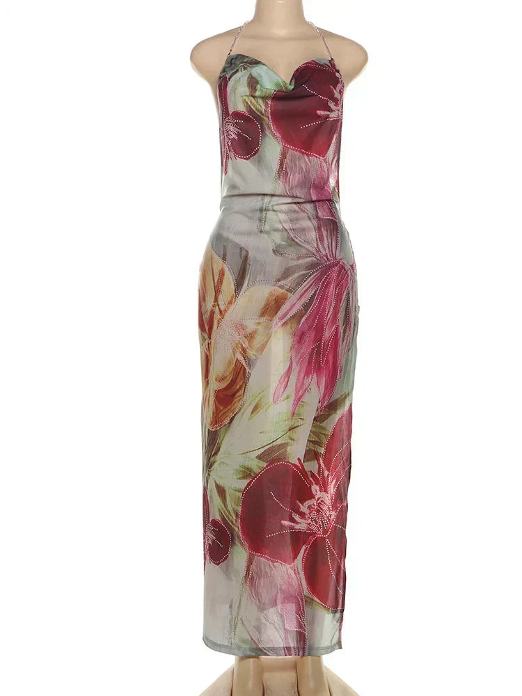 Floral Print Cowl Neck Halter Spaghetti Strap Maxi Dress 2